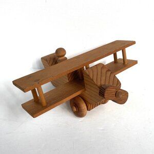 Vintage Handcrafted Solid Wood Airplane Biplane Rolling Toy Model